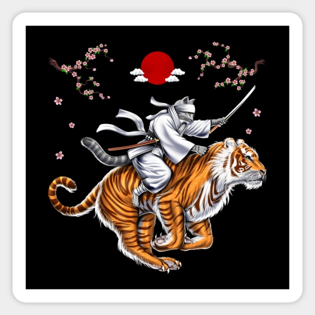 Japanese Cat Samurai Ninja Riding Tiger Sticker by underheaven